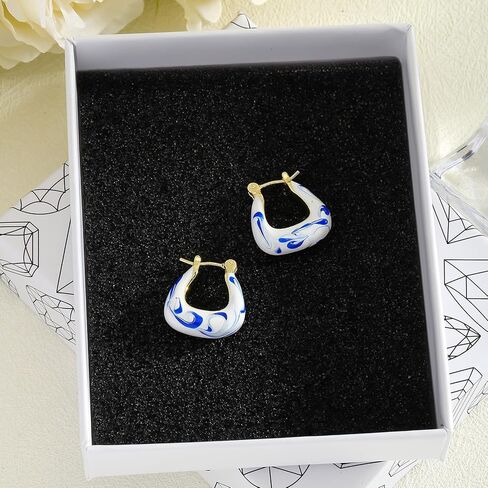 Vintage Ceramic Porcelain Hoop Earrings for Women, Elegant Blue White Enamel Ceramic Pattern Huggie Earring, Hypoallergenic Creative Jewelry Gift Trendy Accessories in Saudi Arabia