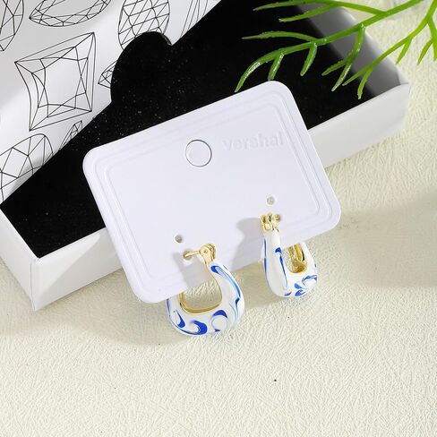 Vintage Ceramic Porcelain Hoop Earrings for Women, Elegant Blue White Enamel Ceramic Pattern Huggie Earring, Hypoallergenic Creative Jewelry Gift Trendy Accessories in Saudi Arabia
