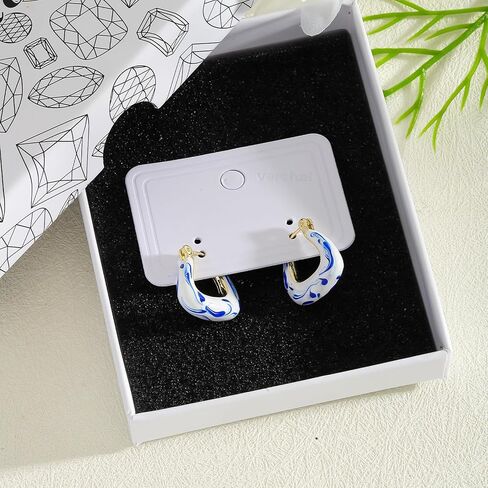 Vintage Ceramic Porcelain Hoop Earrings for Women, Elegant Blue White Enamel Ceramic Pattern Huggie Earring, Hypoallergenic Creative Jewelry Gift Trendy Accessories in Saudi Arabia