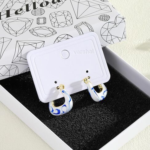 Vintage Ceramic Porcelain Hoop Earrings for Women, Elegant Blue White Enamel Ceramic Pattern Huggie Earring, Hypoallergenic Creative Jewelry Gift Trendy Accessories in Saudi Arabia