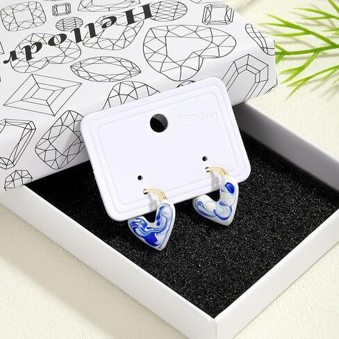 Vintage Ceramic Porcelain Hoop Earrings for Women, Elegant Blue White Enamel Ceramic Pattern Huggie Earring, Hypoallergenic Creative Jewelry Gift Trendy Accessories in Saudi Arabia