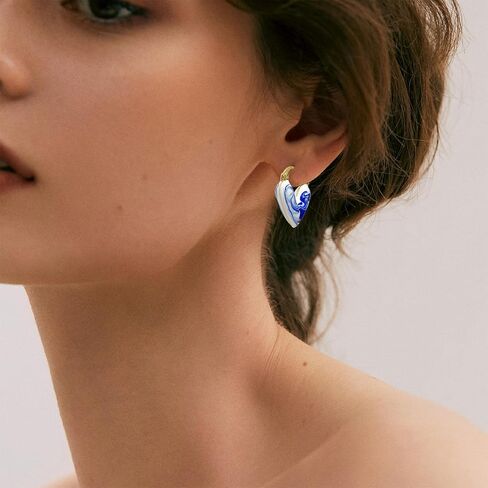 Vintage Ceramic Porcelain Hoop Earrings for Women, Elegant Blue White Enamel Ceramic Pattern Huggie Earring, Hypoallergenic Creative Jewelry Gift Trendy Accessories in Saudi Arabia