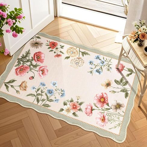 GarveeHome Floral Scalloped Entryway Rug, 2x3 Washable Boho Small Area Rug Non-Slip Low-Pile Indoor Front Door Mat Soft Throw Carpet for Entrance, Bedroom, Kitchen, Bath, Taupe in Saudi Arabia