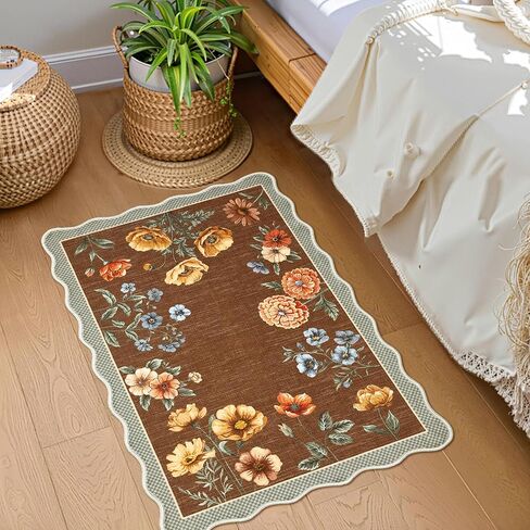 GarveeHome Floral Scalloped Entryway Rug, 2x3 Washable Boho Small Area Rug Non-Slip Low-Pile Indoor Front Door Mat Soft Throw Carpet for Entrance, Bedroom, Kitchen, Bath, Taupe in Saudi Arabia