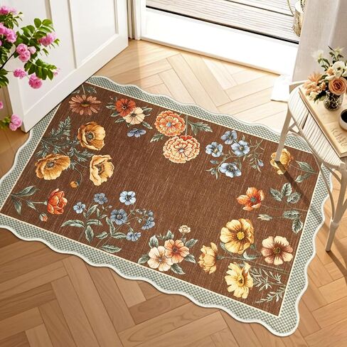GarveeHome Floral Scalloped Entryway Rug, 2x3 Washable Boho Small Area Rug Non-Slip Low-Pile Indoor Front Door Mat Soft Throw Carpet for Entrance, Bedroom, Kitchen, Bath, Taupe in Saudi Arabia