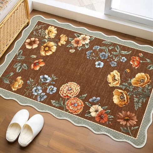 GarveeHome Floral Scalloped Entryway Rug, 2x3 Washable Boho Small Area Rug Non-Slip Low-Pile Indoor Front Door Mat Soft Throw Carpet for Entrance, Bedroom, Kitchen, Bath, Taupe in Saudi Arabia