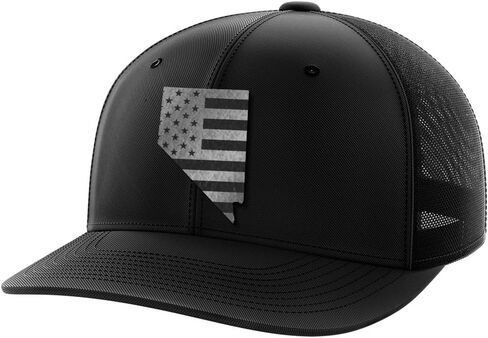 قبعة سائق الشاحنة ذات رقعة جلدية كبيرة بنصف نيفادا Blk - مصنوعة في الولايات المتحدة الأمريكية - شبكة Snapback قابلة للتعديل - متحدة - 6 ألواح متوسطة الحجم in Kuwait