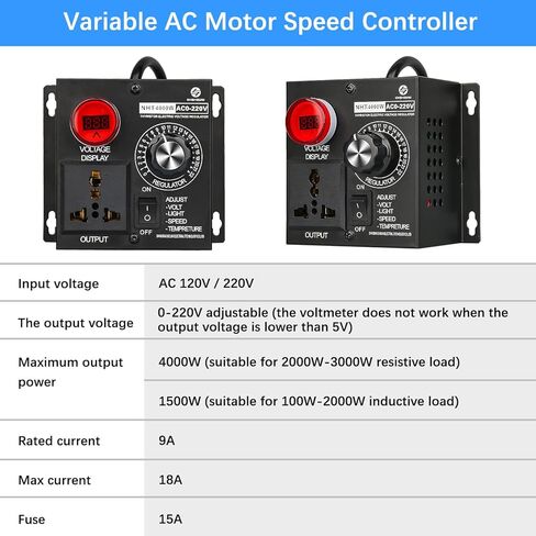 وحدة تحكم في سرعة مروحة التيار المتردد، 100 فولت ~ 120 فولت 15 أمبير 4000 وات، وحدة تحكم في السرعة المتغيرة للمحرك مع حماية من التحميل الزائد، منظم جهد المحرك الكهربائي لمروحة جهاز التوجيه المتغير in Kuwait