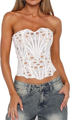 Women Sheer Lace Bustier Corset Tops Floral Hollowed Out Boned Strapless Tube Top Overbust Clubwear in Saudi Arabia
