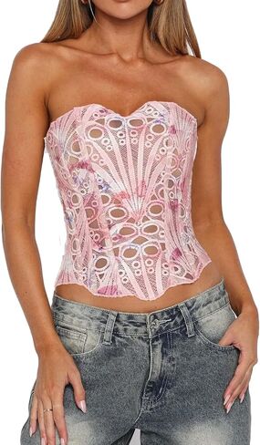 Women Sheer Lace Bustier Corset Tops Floral Hollowed Out Boned Strapless Tube Top Overbust Clubwear in Saudi Arabia