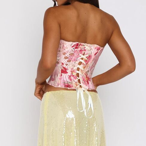 Women Sheer Lace Bustier Corset Tops Floral Hollowed Out Boned Strapless Tube Top Overbust Clubwear in Saudi Arabia