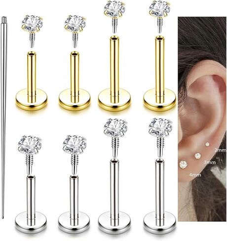 Incaton 18G Hypoallergenic Flat Back Stud Earrings, 316L Surgical Steel Internal Thread CZ Stud for Helix Tragus Cartilage Conch Nose Lip Rings Labret Piercing Jewelry For Women Gold/Silver Pack in Saudi Arabia