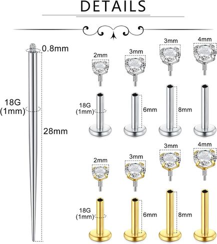 Incaton 18G Hypoallergenic Flat Back Stud Earrings, 316L Surgical Steel Internal Thread CZ Stud for Helix Tragus Cartilage Conch Nose Lip Rings Labret Piercing Jewelry For Women Gold/Silver Pack in Saudi Arabia