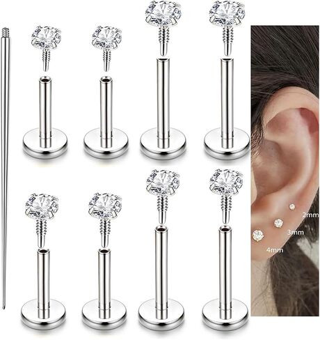 Incaton 18G Hypoallergenic Flat Back Stud Earrings, 316L Surgical Steel Internal Thread CZ Stud for Helix Tragus Cartilage Conch Nose Lip Rings Labret Piercing Jewelry For Women Gold/Silver Pack in Saudi Arabia