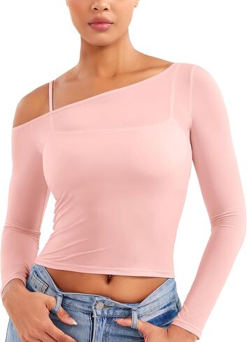 YEOREO Women Sheer Long Sleeve Crop Top Workout See Through One Shoulder Yoga T Shirts Summer Party Club Going Out Top in Kuwait