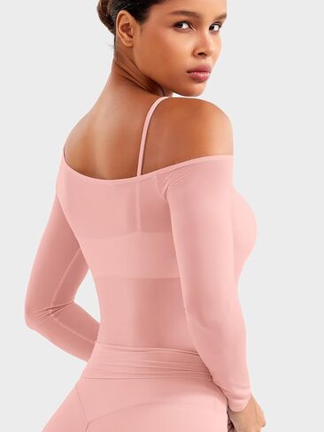 YEOREO Women Sheer Long Sleeve Crop Top Workout See Through One Shoulder Yoga T Shirts Summer Party Club Going Out Top in Kuwait