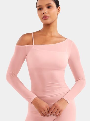 YEOREO Women Sheer Long Sleeve Crop Top Workout See Through One Shoulder Yoga T Shirts Summer Party Club Going Out Top in Kuwait
