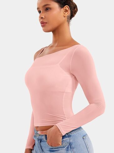YEOREO Women Sheer Long Sleeve Crop Top Workout See Through One Shoulder Yoga T Shirts Summer Party Club Going Out Top in Kuwait