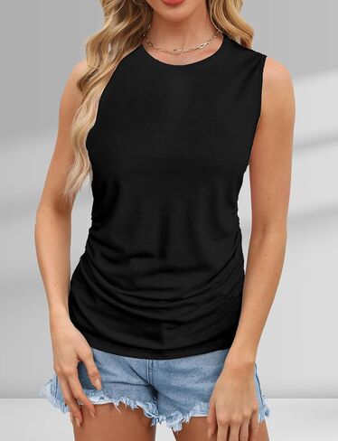 AURUZA Womens Ruched Tank Tops Crewneck Loose Fit Basic Going Out Clothes Casual Summer Sleeveless Shirts for Women in Saudi Arabia