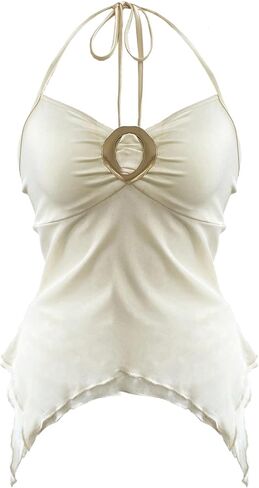 Milumia Women's Ruched Halter Cami Tops Mesh Sheer Metal Ring Tie Back Layered Asymmetrical Hem Vest in Saudi Arabia