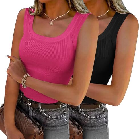 Zeagoo Womens Summer Tops Square Neck Ribbed Tank Tops Slim Fitted Racerback Sleeveless Shirts Basic Casual 2 Pack in Saudi Arabia