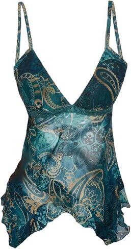 Milumia Women's Boho Paisley Ruffle Trim Sheer Mesh Cami Top V Neck Asymmetrical Hem Sheer Tops in Kuwait
