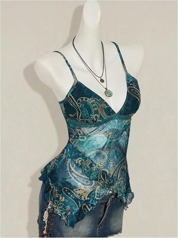Milumia Women's Boho Paisley Ruffle Trim Sheer Mesh Cami Top V Neck Asymmetrical Hem Sheer Tops in Kuwait