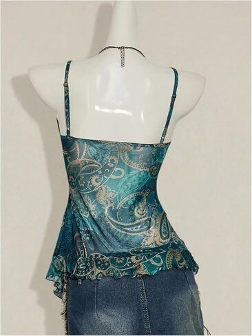 Milumia Women's Boho Paisley Ruffle Trim Sheer Mesh Cami Top V Neck Asymmetrical Hem Sheer Tops in Kuwait