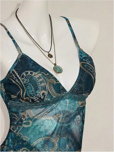 Milumia Women's Boho Paisley Ruffle Trim Sheer Mesh Cami Top V Neck Asymmetrical Hem Sheer Tops in Kuwait