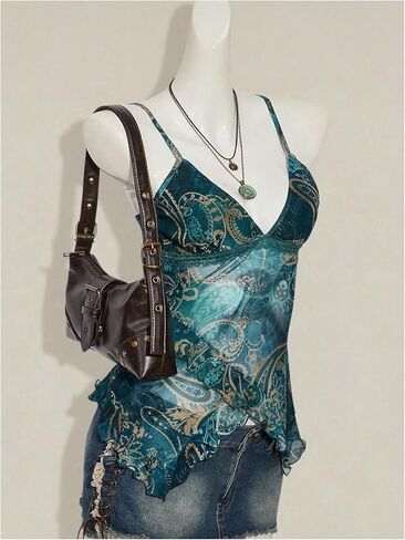 Milumia Women's Boho Paisley Ruffle Trim Sheer Mesh Cami Top V Neck Asymmetrical Hem Sheer Tops in Kuwait