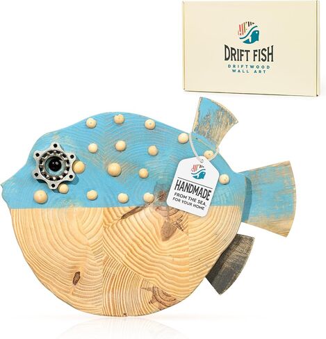علامات دلو النعناع التجارية Driftwood السمكة المنتفخة ديكور جدار بحري - 14.5 بوصة × 9 بوصة لوحة فنية جدارية ساحلية خشبية مصنوعة يدويًا لغرفة المعيشة وغرفة النوم والمكتب والحمام - ديكور شاطئ المحيط (بوبا) in Kuwait