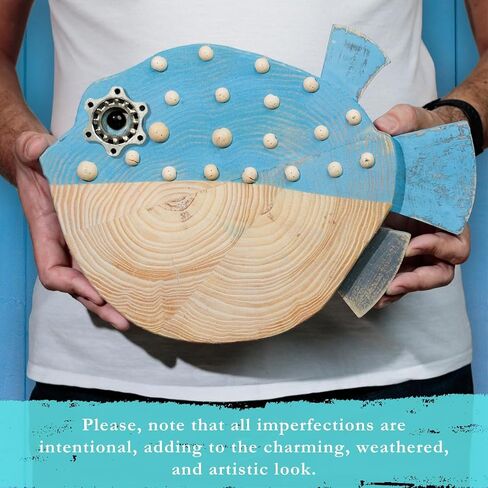 علامات دلو النعناع التجارية Driftwood السمكة المنتفخة ديكور جدار بحري - 14.5 بوصة × 9 بوصة لوحة فنية جدارية ساحلية خشبية مصنوعة يدويًا لغرفة المعيشة وغرفة النوم والمكتب والحمام - ديكور شاطئ المحيط (بوبا) in Kuwait