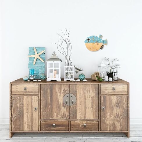 علامات دلو النعناع التجارية Driftwood السمكة المنتفخة ديكور جدار بحري - 14.5 بوصة × 9 بوصة لوحة فنية جدارية ساحلية خشبية مصنوعة يدويًا لغرفة المعيشة وغرفة النوم والمكتب والحمام - ديكور شاطئ المحيط (بوبا) in Kuwait
