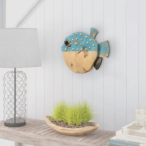 علامات دلو النعناع التجارية Driftwood السمكة المنتفخة ديكور جدار بحري - 14.5 بوصة × 9 بوصة لوحة فنية جدارية ساحلية خشبية مصنوعة يدويًا لغرفة المعيشة وغرفة النوم والمكتب والحمام - ديكور شاطئ المحيط (بوبا) in Kuwait