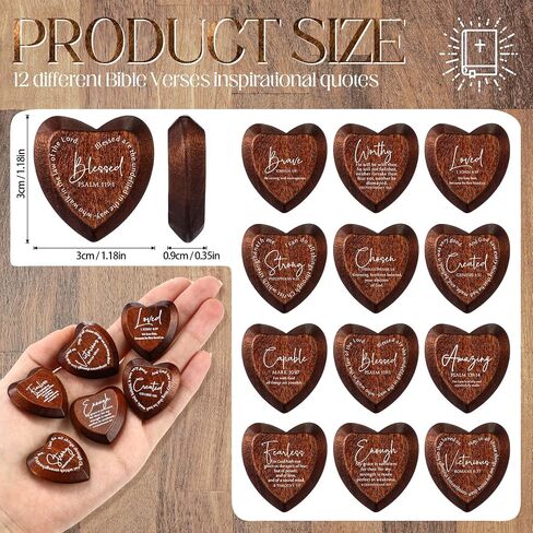 Geelin Inspirational Christian Gift Religious Wooden Heart Tokens with Bible Verses Pocket Hug for Women Men Church Scripture Grandparents Day Party Favors(Brown,24 Pcs) in Saudi Arabia