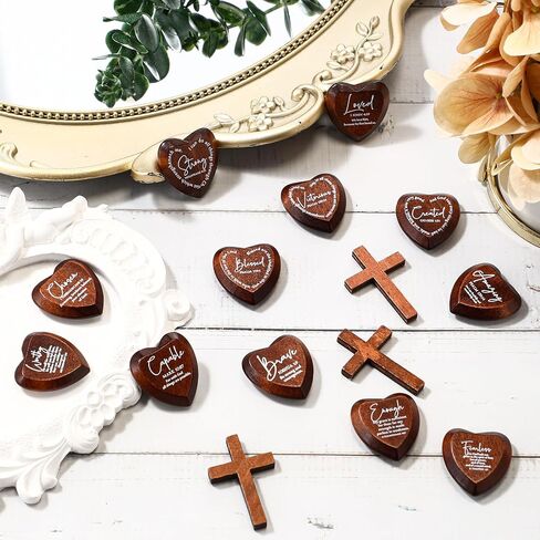 Geelin Inspirational Christian Gift Religious Wooden Heart Tokens with Bible Verses Pocket Hug for Women Men Church Scripture Grandparents Day Party Favors(Brown,24 Pcs) in Saudi Arabia