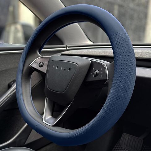غطاء عجلة القيادة من جلد نابا من PINCTROT لطراز Tesla Y/3 Highland/Juniper، على شكل D مقاس 14 بوصة صغير الحجم مع ثقب مسامي، مناسب مثل القفازات، قاعدة مسطحة 14 بوصة (أزرق نابا سموكي) in Kuwait