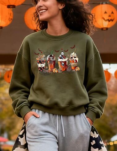 VKEGNIO Halloween Sweatshirt Women Horror Movie Pumpkin Coffee Graphic Sweatshirts Halloween Shirts Fall Crewneck Sweatshirt in Saudi Arabia