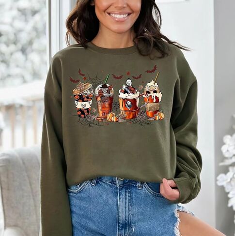 VKEGNIO Halloween Sweatshirt Women Horror Movie Pumpkin Coffee Graphic Sweatshirts Halloween Shirts Fall Crewneck Sweatshirt in Saudi Arabia