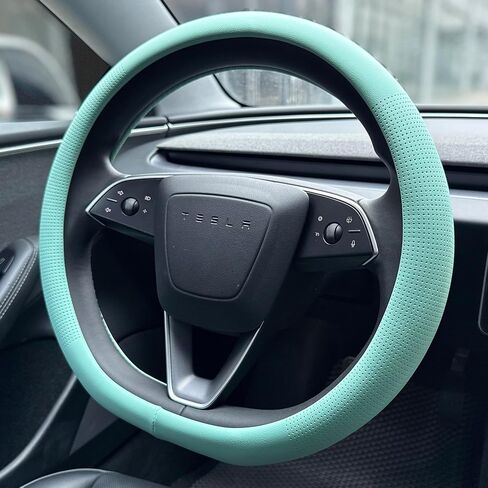 غطاء عجلة القيادة من جلد نابا من PINCTROT لطراز Tesla Y/3 Highland/Juniper، على شكل D مقاس 14 بوصة صغير الحجم مع ثقب مسامي، مناسب مثل القفازات، قاعدة مسطحة 14 بوصة (أزرق نابا سموكي) in Kuwait