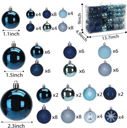 DomeStar 100PCS Shatterproof Blue Christmas Ornament Set - Glitter Balls for Tree Decor and Wreaths in Kuwait