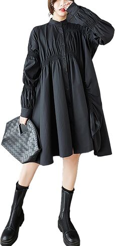 ellazhu Women's Shirt Dress Solid Button Down Long Sleeve Stand Collar Asymmetrical Hem Casual Loose GZ444 in Kuwait