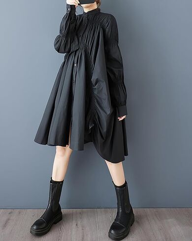 ellazhu Women's Shirt Dress Solid Button Down Long Sleeve Stand Collar Asymmetrical Hem Casual Loose GZ444 in Kuwait