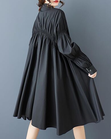 ellazhu Women's Shirt Dress Solid Button Down Long Sleeve Stand Collar Asymmetrical Hem Casual Loose GZ444 in Kuwait