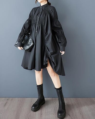 ellazhu Women's Shirt Dress Solid Button Down Long Sleeve Stand Collar Asymmetrical Hem Casual Loose GZ444 in Kuwait