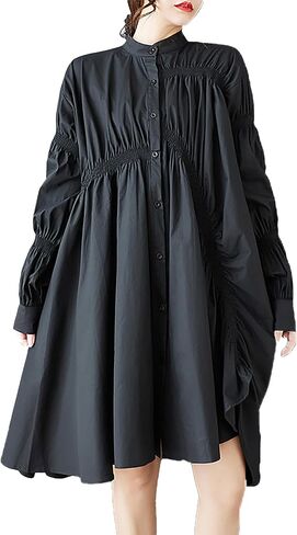 ellazhu Women's Shirt Dress Solid Button Down Long Sleeve Stand Collar Asymmetrical Hem Casual Loose GZ444 in Kuwait