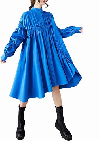 ellazhu Women's Shirt Dress Solid Button Down Long Sleeve Stand Collar Asymmetrical Hem Casual Loose GZ444 in Kuwait
