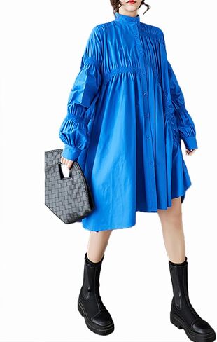 ellazhu Women's Shirt Dress Solid Button Down Long Sleeve Stand Collar Asymmetrical Hem Casual Loose GZ444 in Kuwait