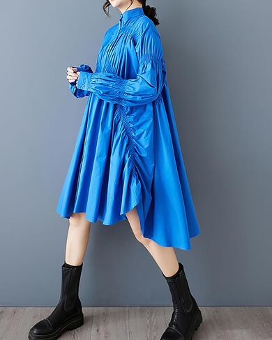 ellazhu Women's Shirt Dress Solid Button Down Long Sleeve Stand Collar Asymmetrical Hem Casual Loose GZ444 in Kuwait