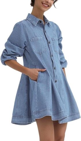 D-Sun Women's Long Sleeve Denim Dress Button Down Collar Casual A Line Swing Ruffle Jean Mini Dresses in Saudi Arabia